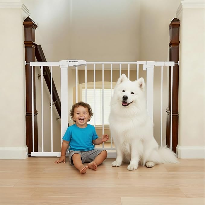 Mumeasy 36" Extra Tall Dog Gate, Auto Close Baby Gate for Stairs Doorways, 29.7-46" Wide Walk Thru Child Safety Gate for House, Easy Install Pressure Mounted Metal Pet Gate with Door, Black