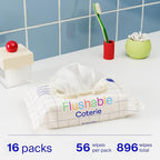 Coterie Flushable Wipes for Toddlers, Designed for Potty Training, Safe for Sensitive Skin, Hypoallergenic, 99% Water, Plant-Based, Fragrance Free, Sewer & Septic Safe, 16 Pack (448 Wipes)