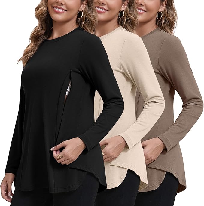GINKANA Women's Nursing Shirts Long Sleeve 3 Packs Hidden Zipper Breastfeeding Pumping Tops Side Split Maternity Clothes