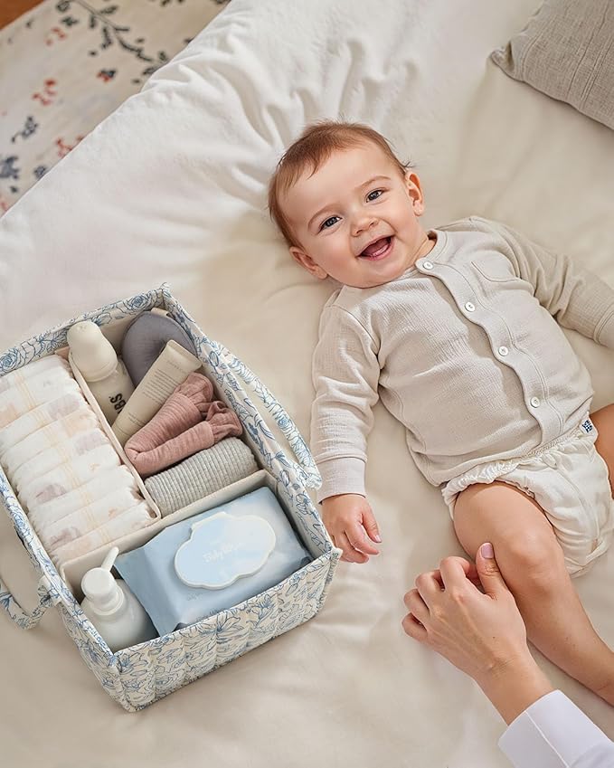 Blissful Diary Floral Diaper Caddy Organizer, Stylish Nursery Storage Basket, Gift for Baby Shower, Baby Registry Must Have, Newborn Essentials, Blue Floral
