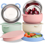 Baby Suction Bowls with Lids 4-Pack, 2-in-1 Stainless Steel 304 Toddler Bowl & Removable Silicone Suction Kids Bowl Plate Set Non Toxic Snack Dishes for Self-Feeding, Organic Bloom