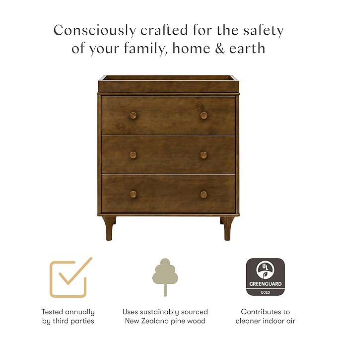 babyletto Lolly 3-Drawer Changer Dresser with Removable Changing Tray in Natural Walnut, Greenguard Gold Certified