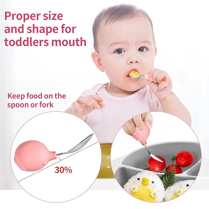 Deejoy Toddler Utensils - Stainless Steel Spoons and Forks, Kids Silverware Set with Travel Case (Pink)