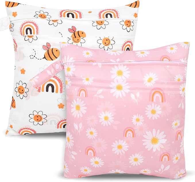 2pcs Cloth Diaper Wet Dry Bags, Waterproof Reusable Wet Bag with 2 Zipper Pockets & Handle, Washable Laundry Bags for Baby Adult Clothes Travel Beach Pool Daycare Yoga Gym Exercise Swimsuits,