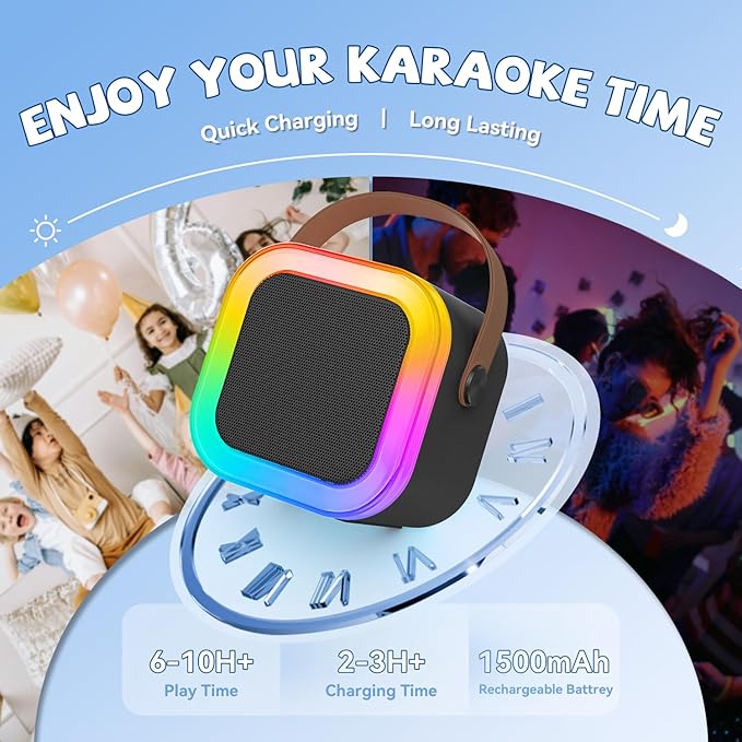 【2025 Newest】 Mini Karaoke Machine for Kids Girls & Boys - Portable Bluetooth Speaker with 2 Wireless Microphones - Kids Birthday Gifts for Ages 4-10 - Kids' Instrument Accessories - Black