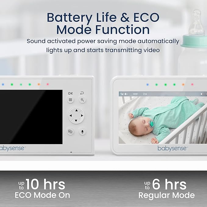 Babysense Baby Monitor with 2 Cameras and Audio 4.3", Non Wifi Baby Monitor, Dual Split Screen, Portable Double Sleep Video Monitoring, Auto Night Vision & Light, Lullabies & White Noise Two-Way Audio