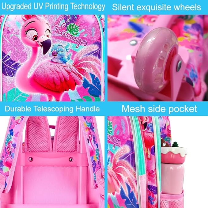 Girls Rolling Backpack, Cute Flamingo Roller Wheels Kids Bookbag - Wheeled Elementary School Bag - 3PCS Flamingo