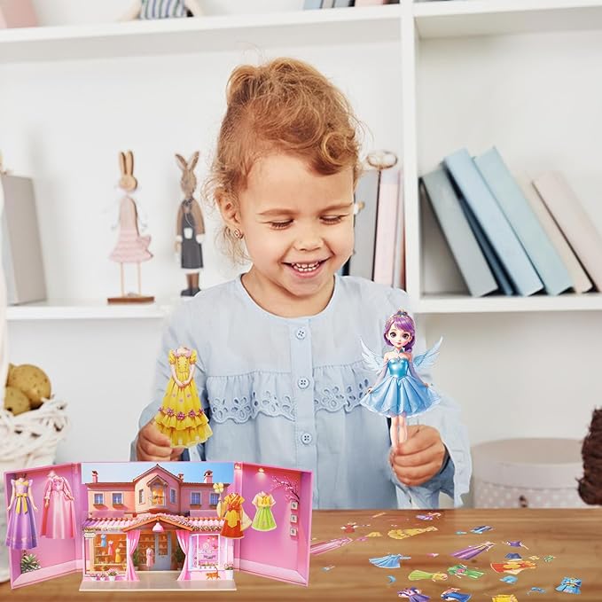 Princess Magnetic Dress Up Dolls Games, Magnetic Dress Up Play Set for Girls, Travel Road Trip Airplane Activity Toys with 3D Magnetic Game Scene, Magnetic Paper Dolls for Girls Ages 4-7