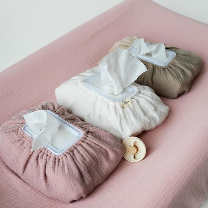 Baby Wipes Cover – Universal Size, One Size Fits All Wipes Packages | Muslin Cotton Tissue Cover for Nursery, Diaper Bag & Changing Table, Station | Gingham & Neutral Patterns (Cream)