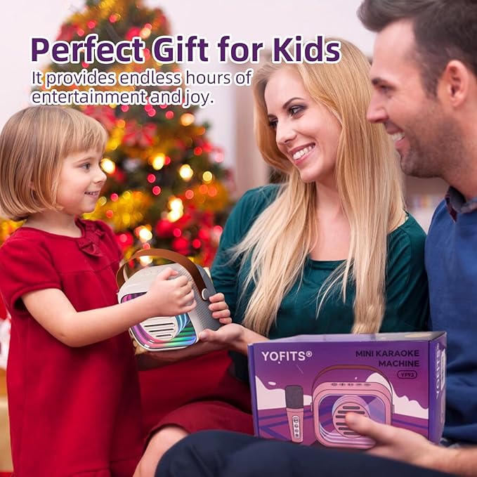 YF93 Mini Karaoke Machine for Kids with Bluetooth Speaker, 7 Voice-Changing Modes, Dual Microphones, Colorful LED Lights, TF Card Support, Portable Singing Gift for Children and Parties(Beige)