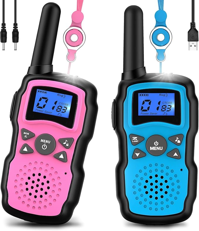 Wishouse Walkie Talkies for Kids Rechargeable Long Range,4 5 6 7 8 Year Old Boy Girl Birthday Gift,Camping Games Cool Toys Ideas for Children with 6000mAh Batteries,Flashlight,Lanyard,2 Pack Pink Blue