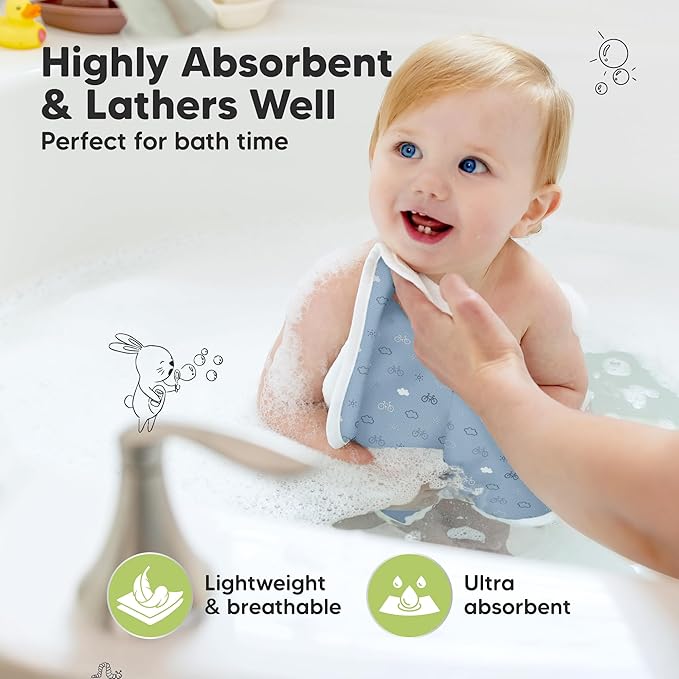 6-Pack Cotton Baby Washcloths for Newborn - Organic Cotton Muslin Soft Wash Cloths for Babies, Infant, Kids, Toddler Towels for Boy, Girl, Super Absorbent Face Cloths, Scratch-free Baby Rags (Vessels)