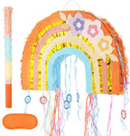WERNNSAI Foldable Rainbow Pinata - Rainbow Pull String Pinata with Blindfold and Bat for Bundle Piñata Boho Theme Birthday Baby Shower Party Decoration Carnival Party Games Supplies 16.4" x 12.3"