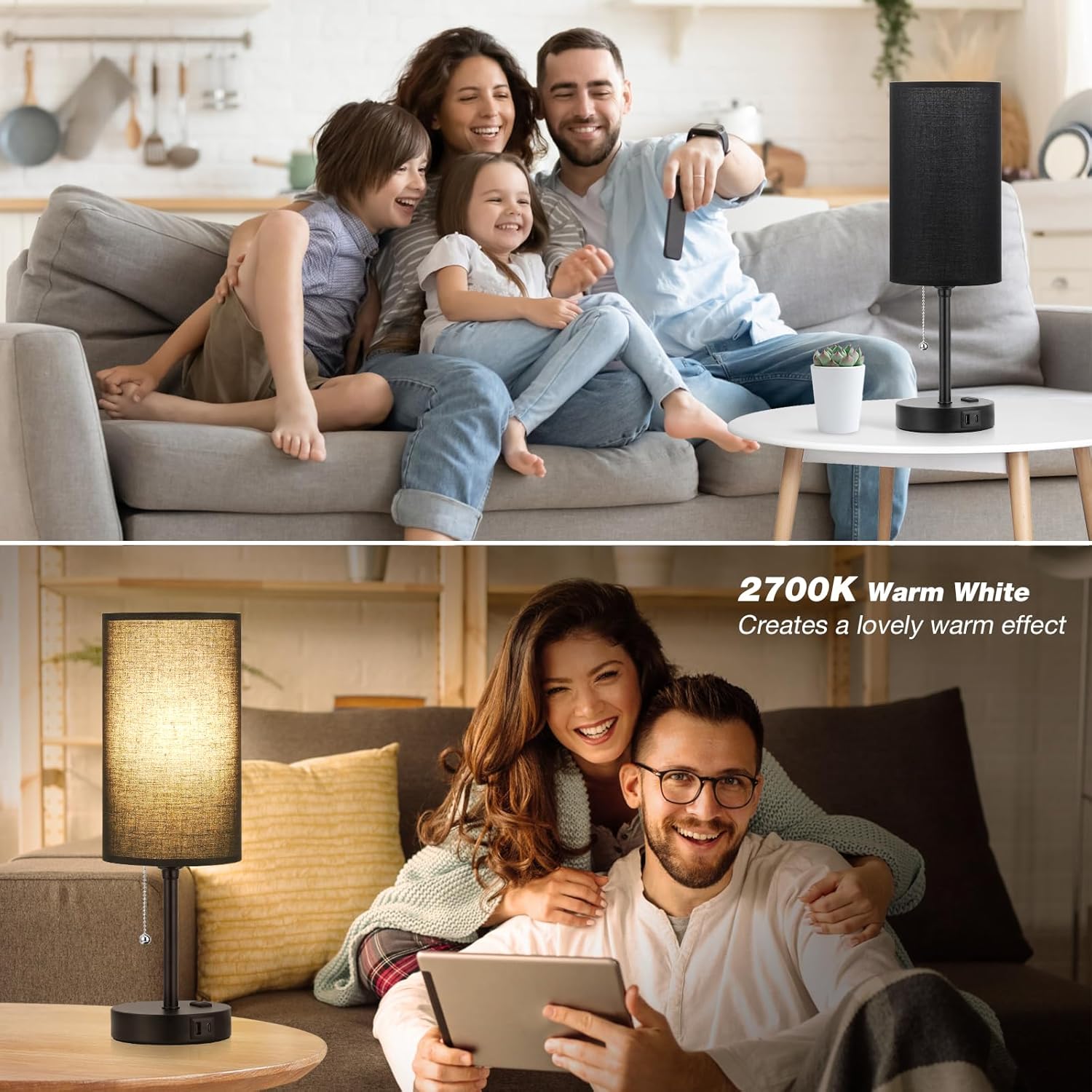 Dicoool 17Inch Tall Bedroom Lamps with USB C and A Ports 3 Color Temperatures - Pull Chain Black Nightstand Bedside Table Lamp with AC Outlet, Side Lamp for Living Room End Table