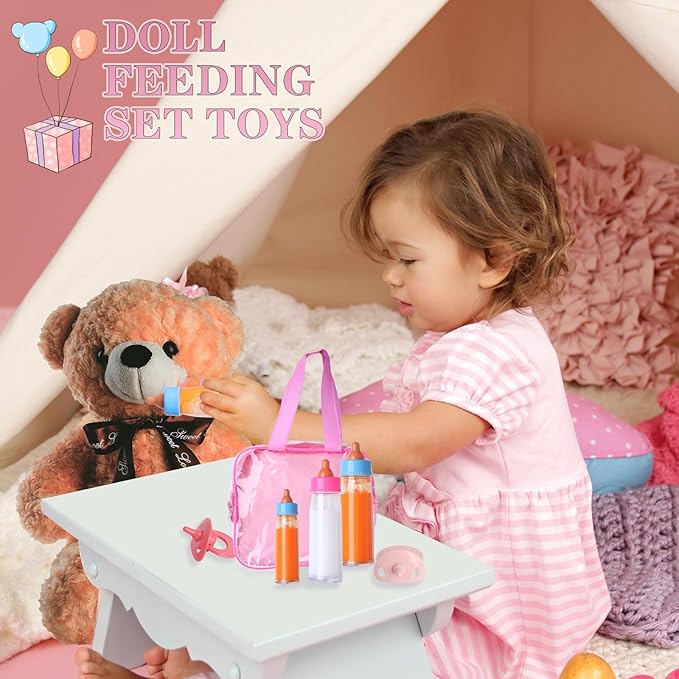 Baby Doll Bottles Accessories Set for Toddlers, 2 Milk Bottle 2 Juice Bottles and 2 Toy Pacifier (Red)