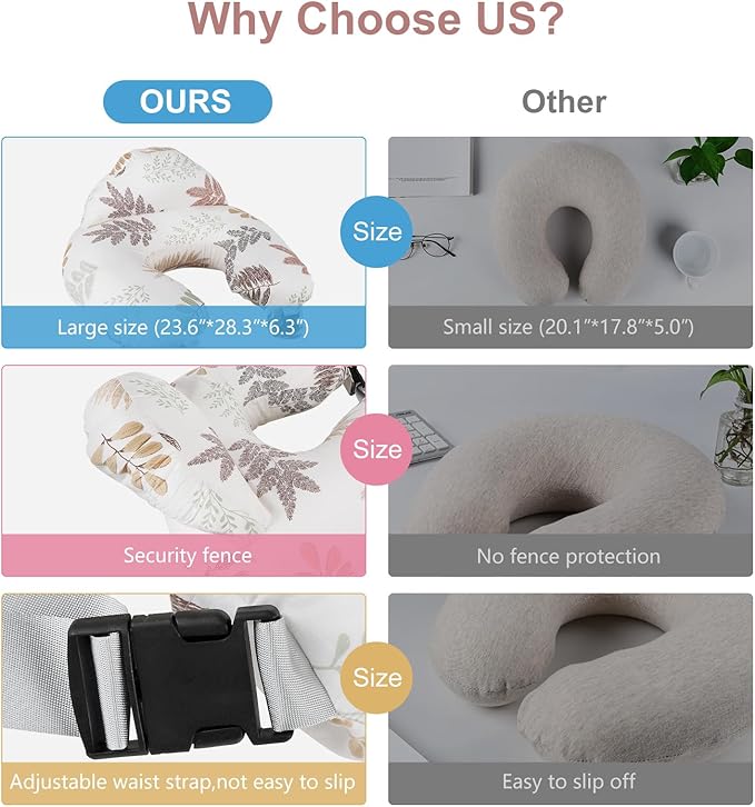 Nursing Pillow for Breastfeeding, Breastfeeding Essentials for Newborn, More Support for Mom and Baby, with Adjustable Waist Strap and Removable Cotton Cover (Small Leaves)