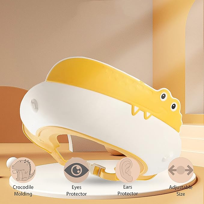 Baby Shower Cap Shield, Shower Cap for Kids, Visor Hat for Eye and Ear Protection for 0-9 Years Old Children,Cute Dinosaur/Crocodile/Hippo shape Makes the Baby Bath More Fun (Crocodile, Yellow)