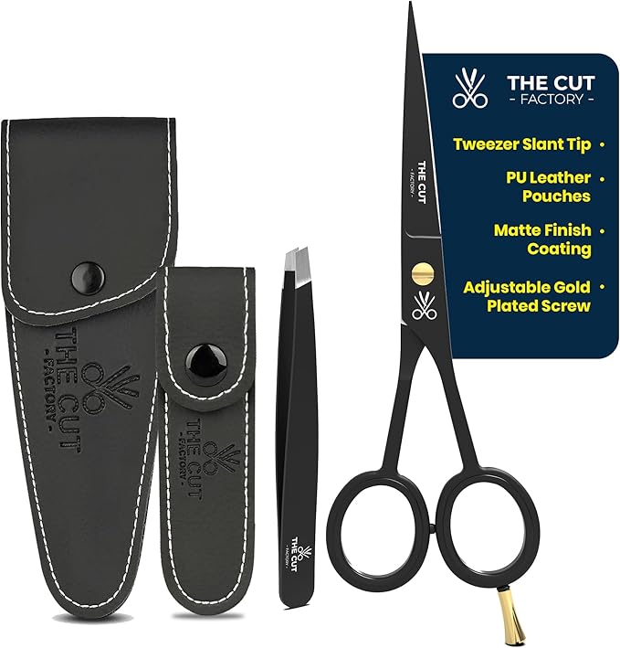The Cut Factory- 6.5” Professional Hair Scissors & Tweezers - High Carbon 420 Stainless Steel Hair Cutting Scissors, Ultra-Sharp Barber Shears for Salon & Home, (BLACK)