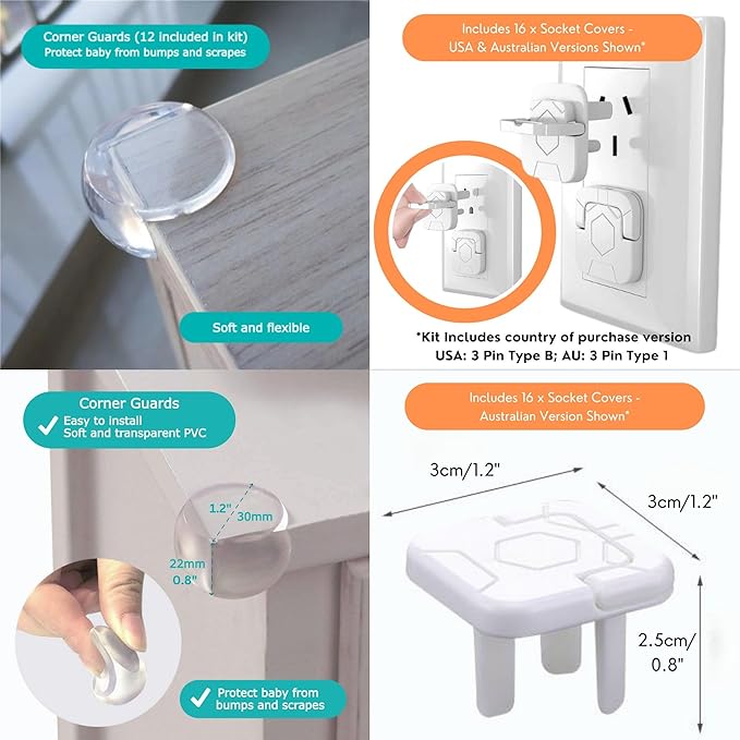 Baby Proofing Kit 67pcs All in One Includes Magnetic Cabinet Locks for Baby Proofing, Corner Bumper Protectors, Child Safety Strap Locks, Power Point Outlet Covers, Finger Pinch Guards & Bath Toys