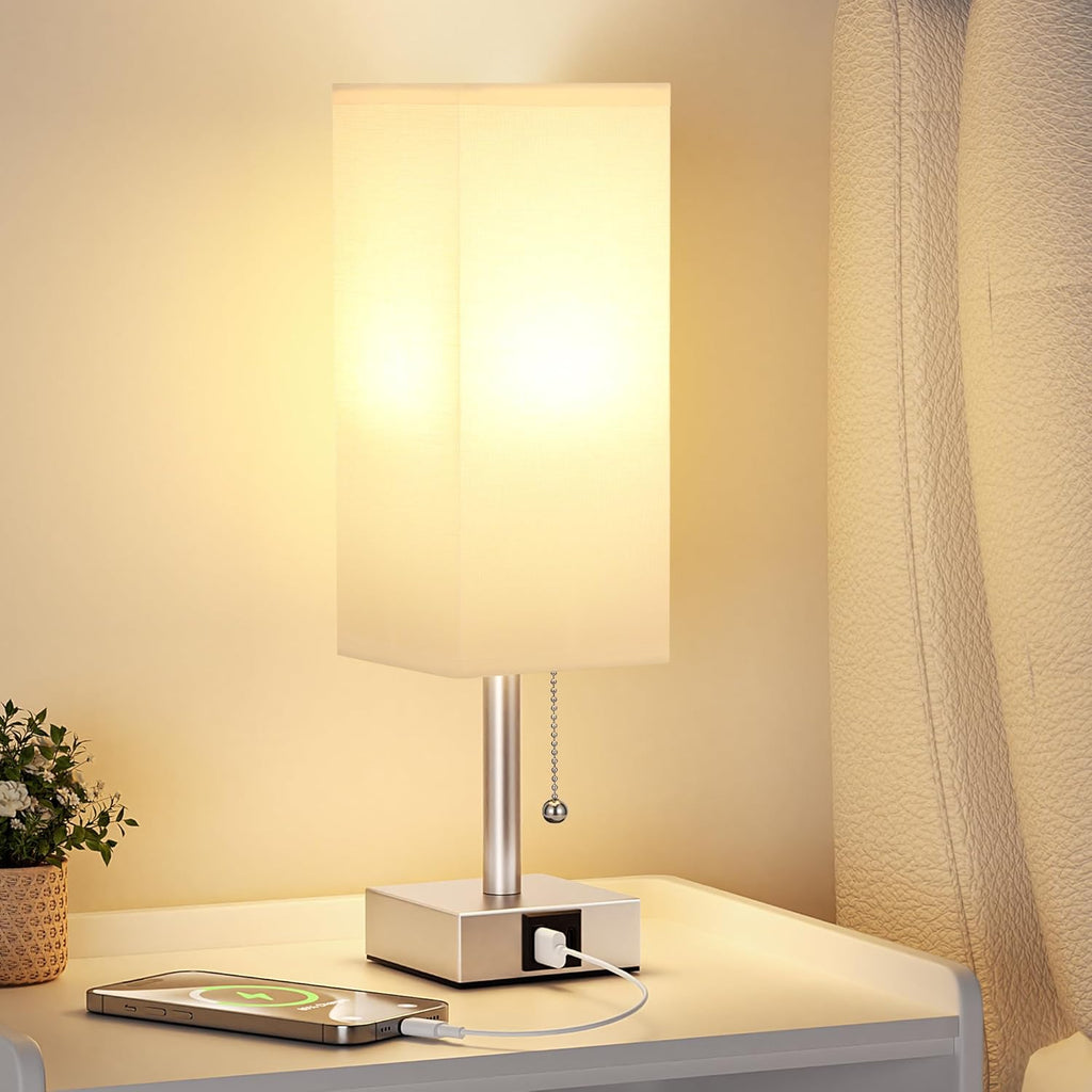 aooshine White Small Table Lamp for Bedroom - 3 Color Temperature 3000K 5000K 4000K Bedside Lamp, Pull Chain Control, USB A and C Ports, Light Gold Base, Bulb Included