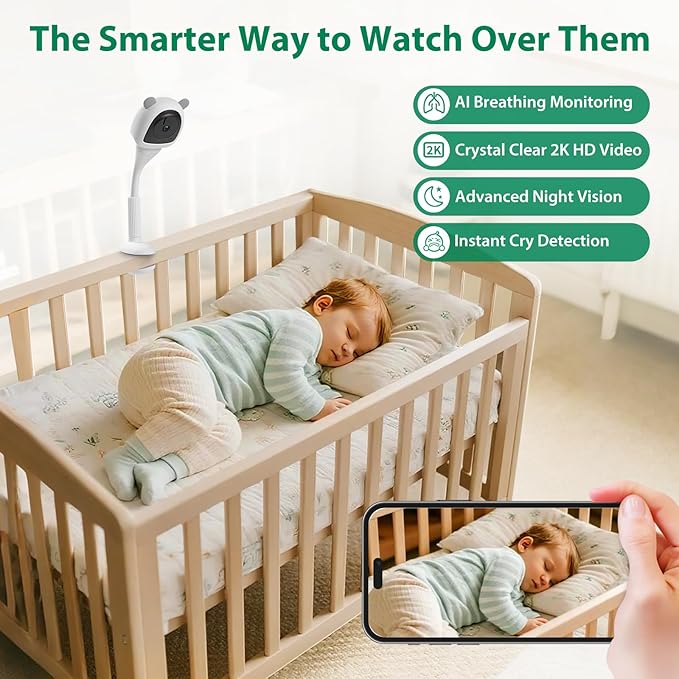 Smart Baby Monitor WiFi with Camera and Audio, Baby Breathing Detection Contact-Free AI, 2K Night Vision Contact Free Camera Device, Wireless App Control, No Monthly Fee - White