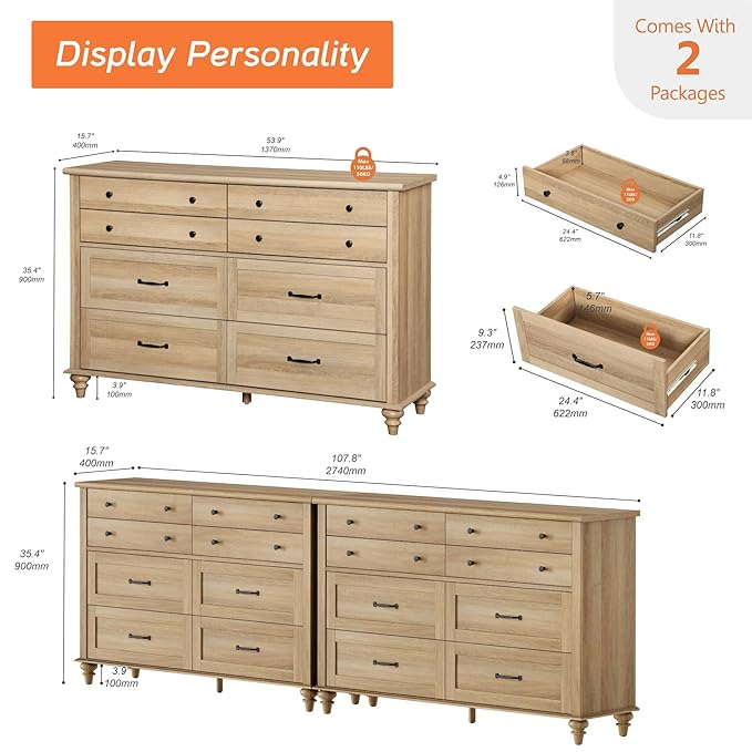 WAMPAT 2-in-1 Baby Dresser with 16 Drawers for Kids Room, Farmhouse Kids Dresser Wooden Double Dresser for Bedroom, Large 8 Drawer Dresser Set Organizer for Children’s Bedroom, Nursery Furniture