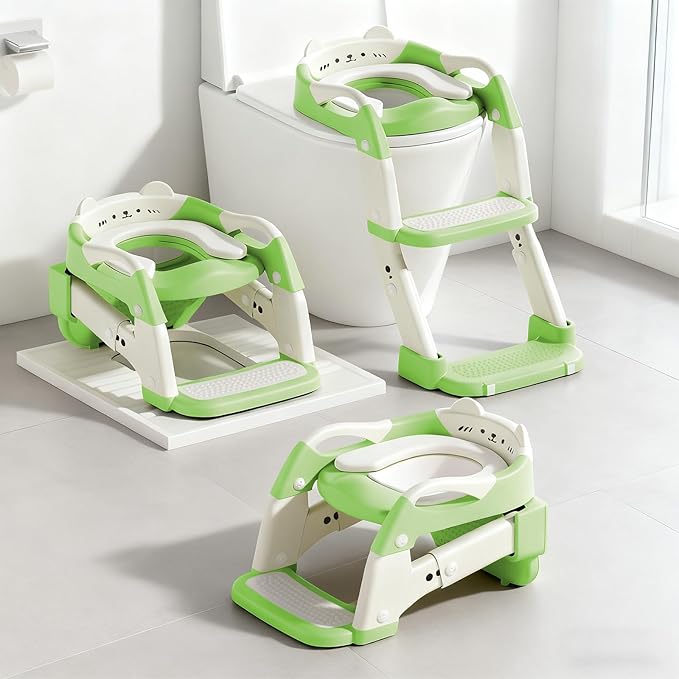 Potty Training Seat, Upgrade Toddler Toilet Seat for Kids Boys Girls, 3 in 1 Potty Training Toilet with Step Stool Ladder-Non Slip Foldable (Green+White)