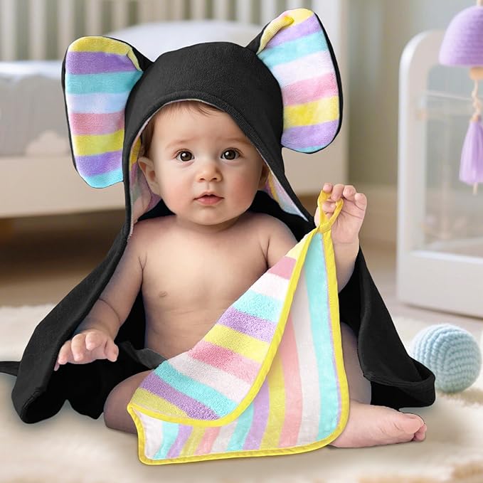 VOOVA & MOVAS Thick Baby Hooded Bath Towel - 100% Cotton,500GSM, 33x31.5 Inches,0-2Years, Super Absorbent Large Towel with Cute Elephant Ears Hood for Newborn, Baby, Infant, Black