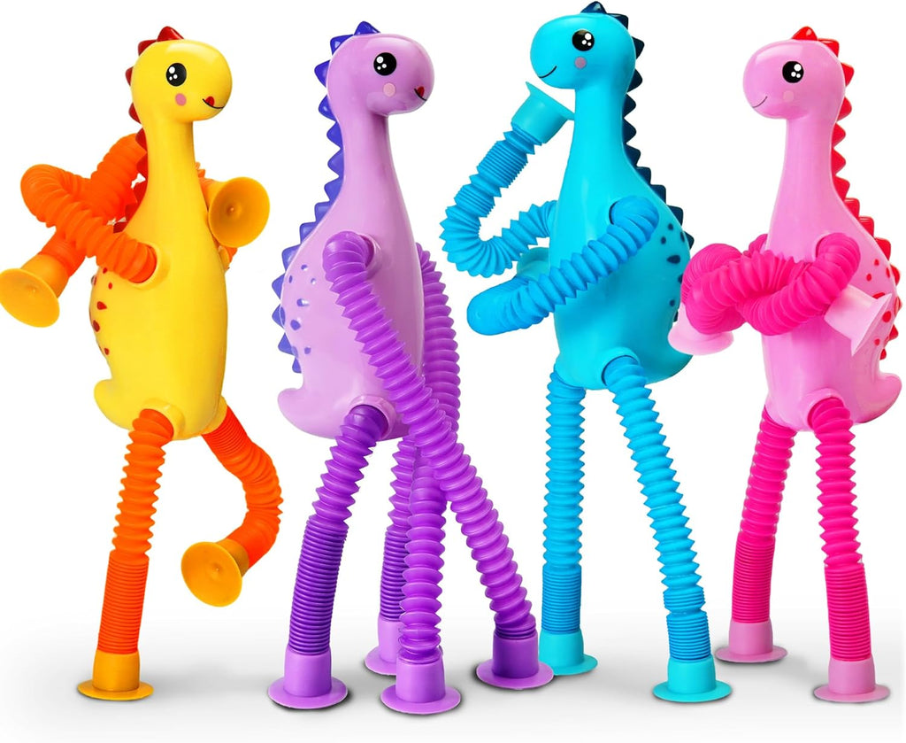 4Pcs Dinosaur Airplane Travel Toys for Toddlers Kid Boys Girls Year Old Ages 3+ Sensory Tube ADHD Autism Plane Road Trip Activities Essential Suction Cup Pop Dino Fidget Toys Autistic Gifts