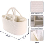 Baby Diaper Caddy Organizer for Girl Boy Cotton Rope Nursery Storage Bin Basket Portable Holder Tote Bag for Changing Table Car Travel Baby Shower Gifts Newborn Essentials Registry Must Haves White
