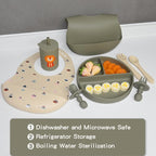 Silicone Baby Feeding Set, Baby Led Weaning Supplies, Baby Spoons Suction Divided Plate Bib Cup, First Stage Solid Food Eating Utensils - 6+ Months(Green-Beige)