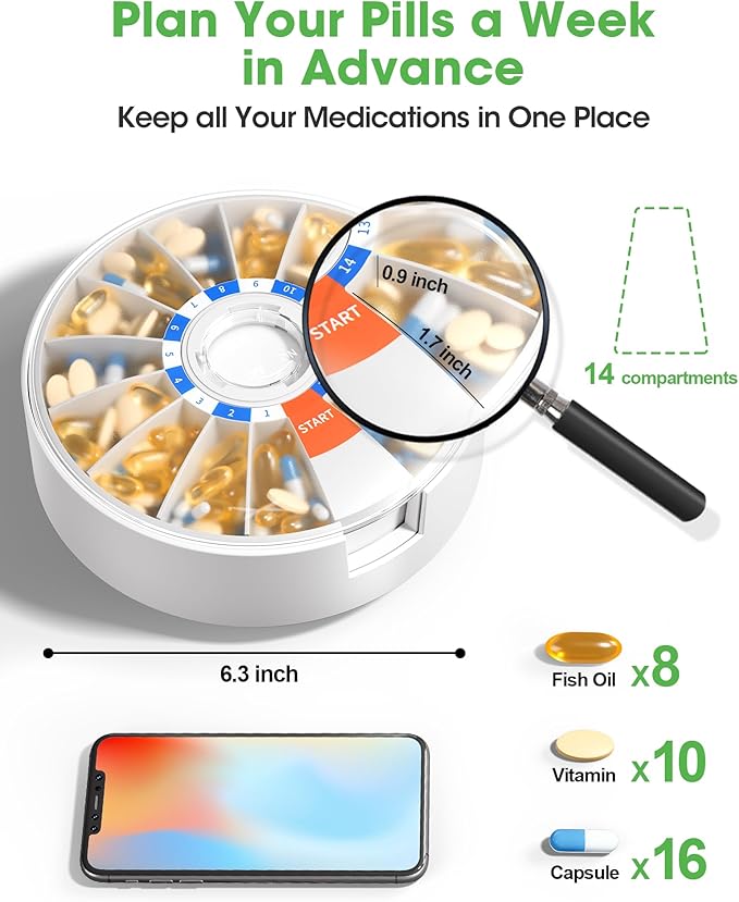Daviky Pill Dispenser Daily, Large Pill Organizer with Wall-Mounted or Standing Use, 14 Days Pill Box, Push Button Design, Weekly Pill Organizer for Vitamin, Medicine.Supplement, Fish Oil