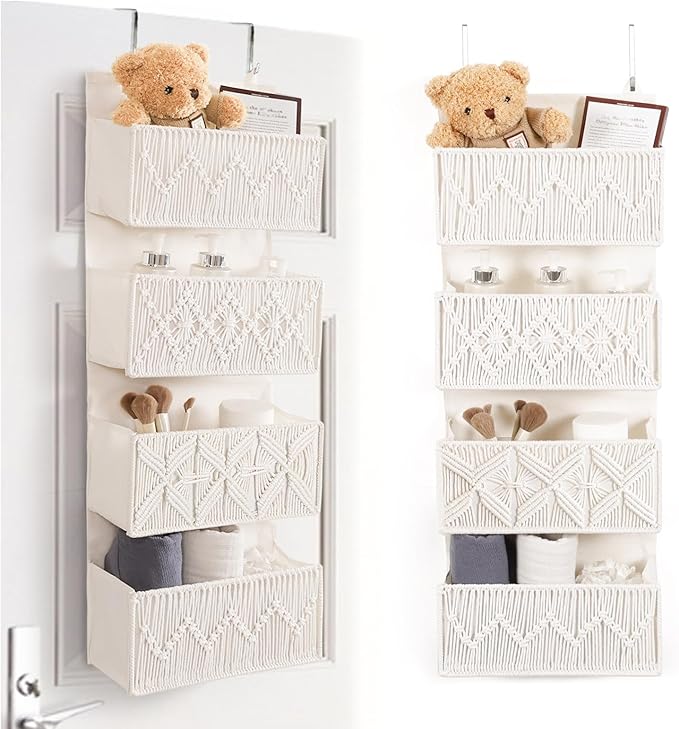 ANTIS'S HOME Nursery Over The Door Organizer Boho Decor Nursery Storage with 4 Large Woven Pockets, Macrame Nursery Organizers and Toys Storage, Behind Door for Bathroom, Bedroom