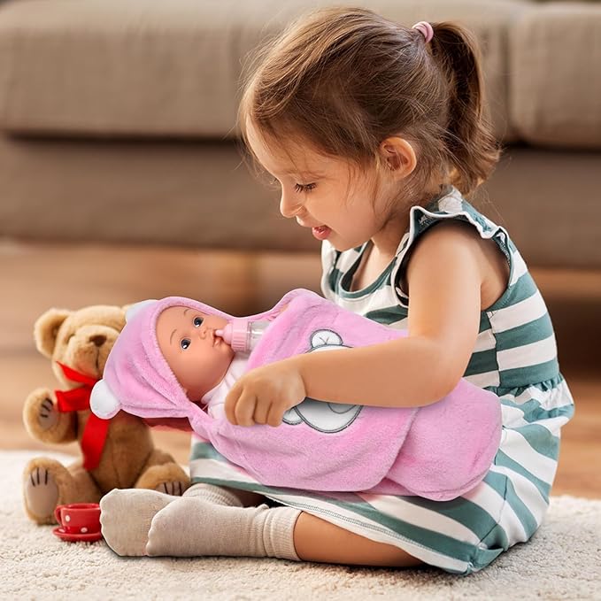 Gift Boutique Newborn 12" Baby Doll Girl With Swaddle Blanket & Accessories - Realistic Doll With Disappearing Milk Bottle, Clothes, Pink Cuddly Blanket - First Pretend Playset Toy for Girls