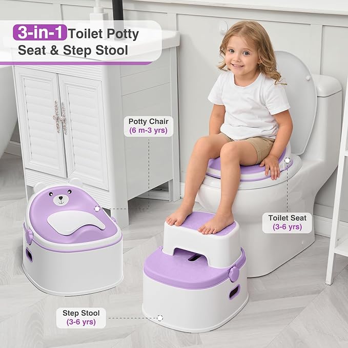 3-in-1 Toddler Potty Training Toilet for Boys & Girls - Convertible Potty Chair with Step Stool for Toddlers 1-3, Anti-Slip Design Toddler Toilet Seat - Removable & Easy to Clean