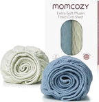 Momcozy Muslin Mini Crib Sheets Fitted - 38''x26'' Pack and Play Sheets for Pack N Play Mattress, 2 Pack Soft & Breathable Natural Cotton Non Slip Bed Cover for Boys, Girls, Grey Blue