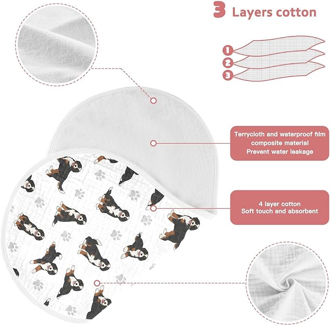2 Pack Muslin Burp Cloths Bernedoodle Dogs White Cotton Baby Burp Cloths Ultra Soft Burping Cloth Absorbent Spit Up Rags for Newborn Boys Girls 22x11 Inch