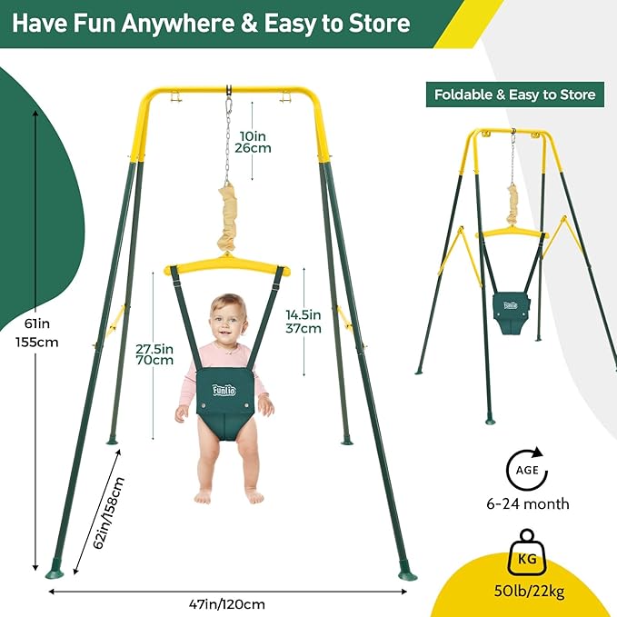 FUNLIO Baby Jumper with Stand for 6-24 Months, Infant Jumper for Indoor/Outdoor Play, Toddler Bouncer for Baby Girl/Boy, with Adjustable Chain, Easy to Assemble & Store (with Stand) - Green