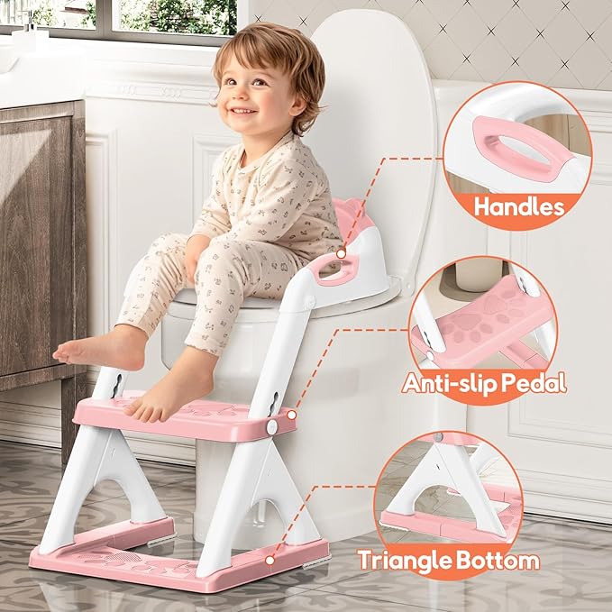 SKYROKU Potty Training Seat for Toddlers – 2-in-1 Adjustable Potty Ladder with Step Stool, Anti-Slip Cushion, Splash Guard & Extra-Wide Pedals, Supports 200+ lbs, Ideal for Boys & Girls (Pink)