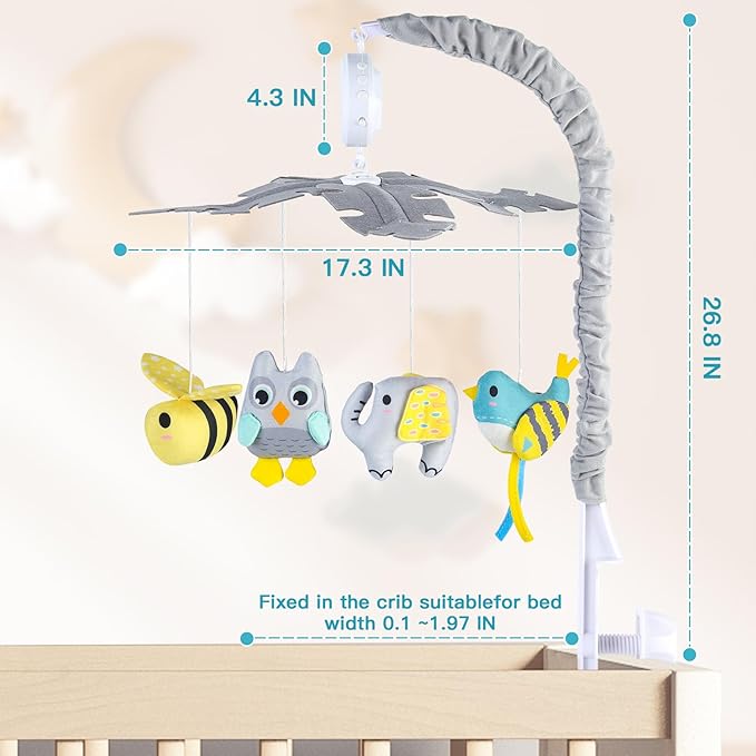 VZO Baby Crib Mobile with Music and Lights, Mobile for Crib with Remote Control, Rotation, Starlight Projection, Crib Toys for Babies Boys Girls Gray