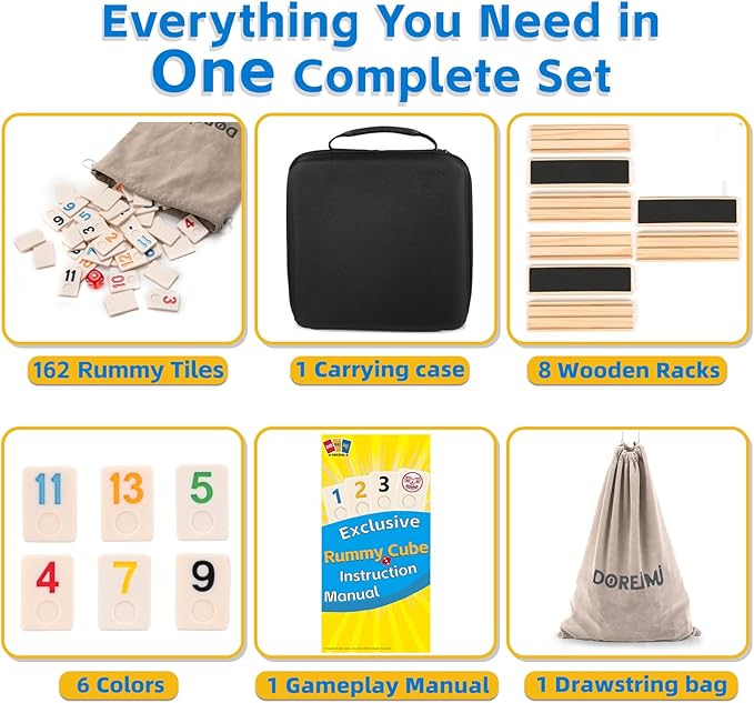 Deluxe Rummy Cube Game Set 6 Colors with 8 Wooden Racks 162 Rummy Tiles, Travel Family Board Game for Adults and Kids