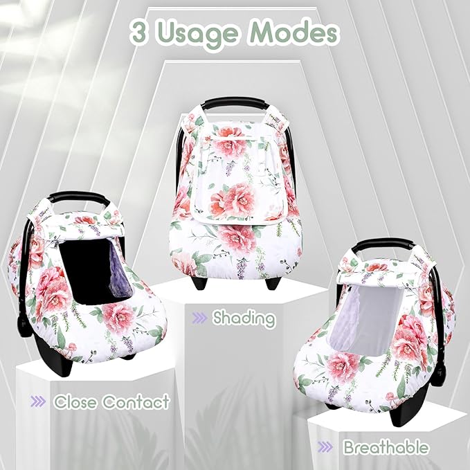 Baby Carseat Cover Girls, Pea Pod Floral Infant Car Seat Covers Canopy for Newborn with 2 Layers Windows of Breathable Mesh/Fabric, Lightweight Polyester/Minky Dot Backing, Snug Fit Most Baby Car Seat