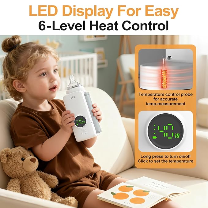 Portable Bottle Warmer, Equipped with a 6000 mAh Battery, Suitable for Dreastfeeding and Formula Feeding, Suitable for Travel Bottle Warmer, with a Digital Display
