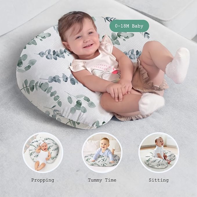 Little Grape Land Nursing Pillow, Soft 100% Cotton Breastfeeding Pillow with Breathable Muslin Removable Cover, Green Leaves Breast Feeding Pillows for Babies 0-12 Months with Protective Zipper