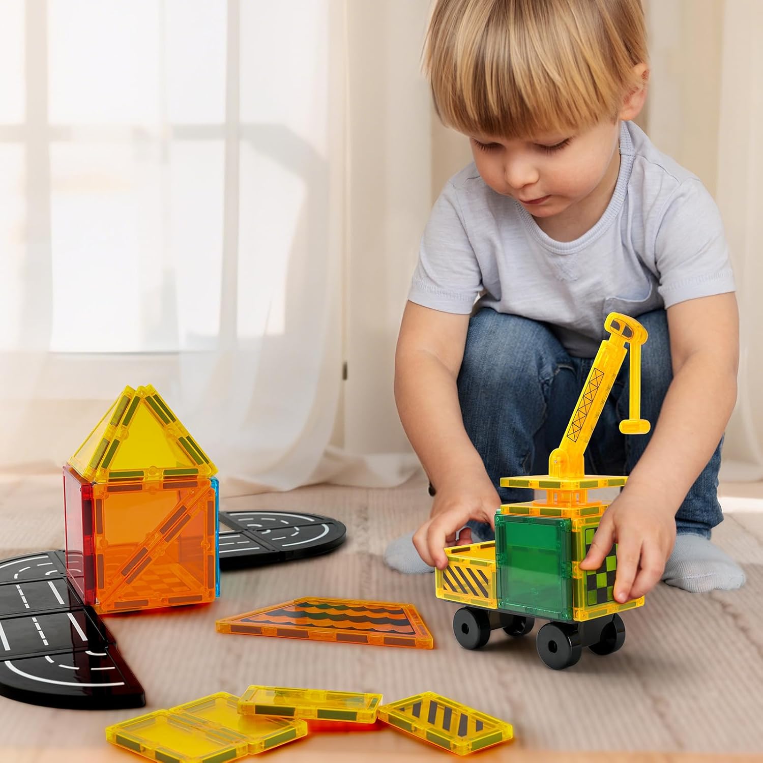 Magnetic Tiles Builder Construction Set, Magnetic Tiles Road Cars Set STEM Toys for Ages 3-8, Montessori Sensory Educational Magnet Toys for 3+ Year Old Boys and Girls Gifts