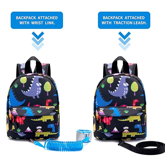 Accmor Toddler Backpack Leash with Anti Lost Wrist Link, Cute Mini Child Walking Harnesses Keep Kids Close Back Pack Rope Tether Rein for Baby Boys (Black/Dino)