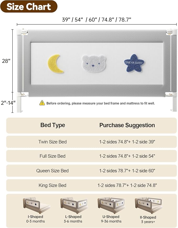 Baby Bed Rail Guard for Toddlers, Reinforced 60in Toddler Bed Rails for Queen Bed with Height Adjustable, Extral Tall Child Safety Side Railing Guards/Bedrail for Kids,Grey Star, 1 Side 54" Lx28” H