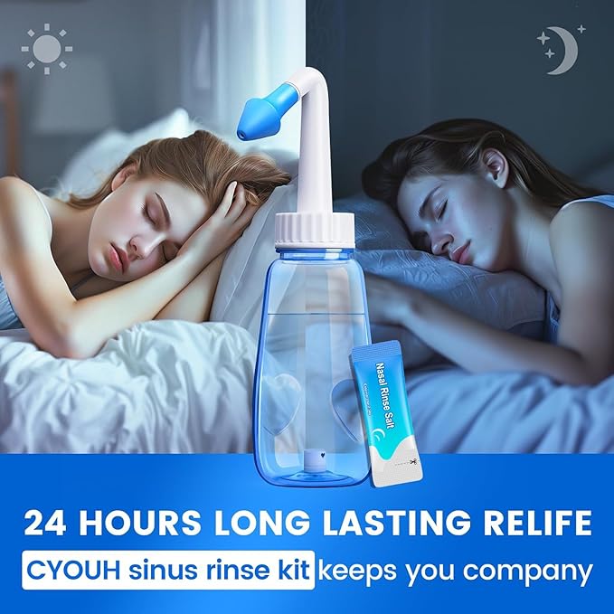 Neti Pot Sinus Rinse Bottle 260 ML with 60 Nasal Wash Salt Packets and Sticker Thermometer Nose Wash Cleaner Pressure Rinse Nasal Irrigation for Adult & Kid BPA Free (Blue)