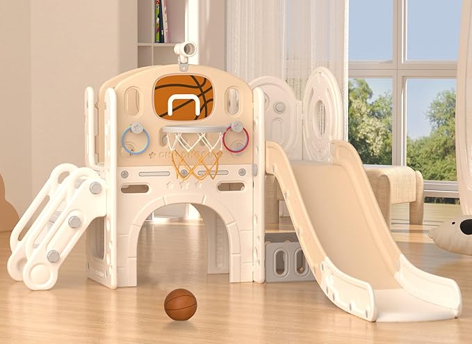 YUFU 9 in 1 Toddler Slide Set, Kids Slide for Toddlers Age 1-3, Toddler Playset with Basketball Hoop and Ball, Outdoor Indoor Playground for Toddlers 1-3 (Beige+Coffee)