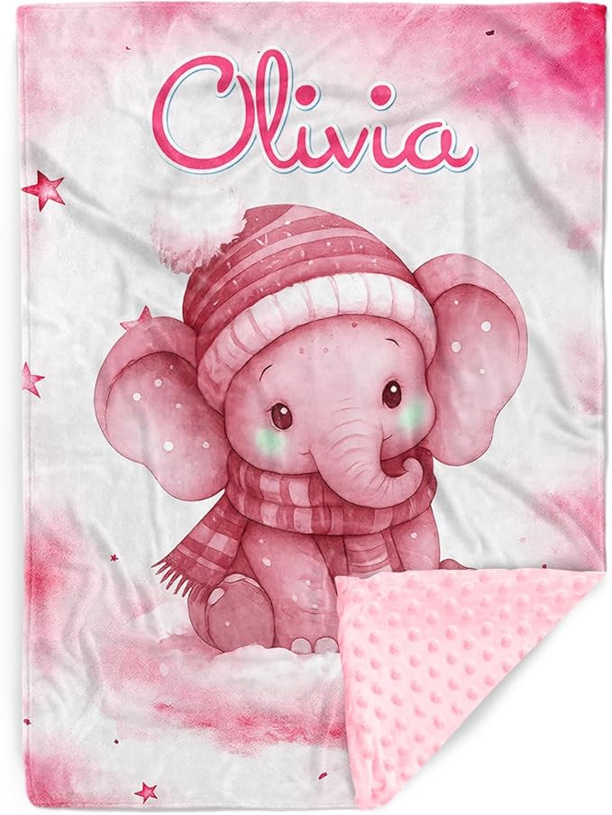 Personalized Baby Blankets for Girls, Custom Name Pink Elephant Pattern Baby Blanket, Soft Minky Dot Blanket for Newborns and Toddlers, Ideal for Baby Showers Christmas Brithday Gifts